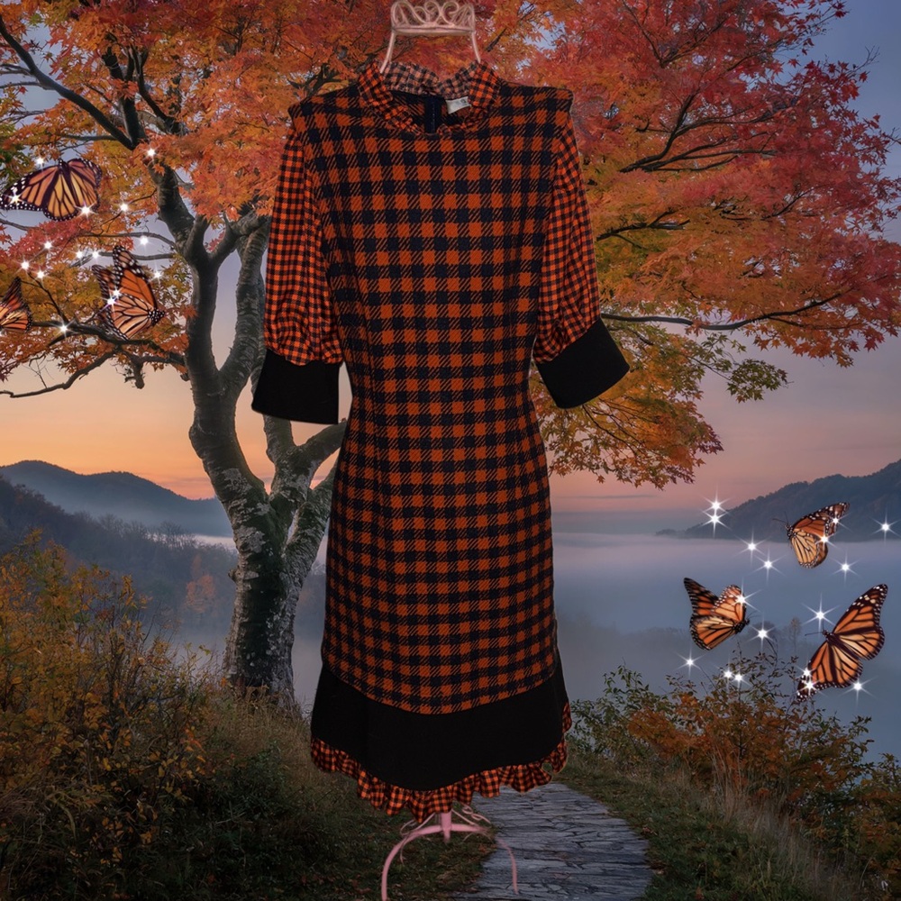 👀‼️Sea Orange and Black Checkered Long Sleeve Dress - Picture 4 of 5